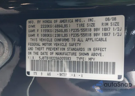 2009 Acura Rdx from USA, damaged, VIN 5J8TB18229A005583